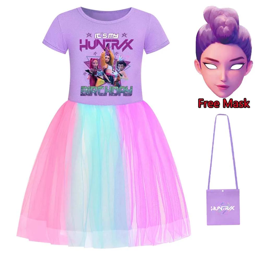 Robes Dessin Animé Kpop Chasseurs de Démons pour Bébés Filles Enfants Rumi Mira Zoey Vêtements Imprimés Costume Cosplay Robe Décontractée Fille Masque Gratuit