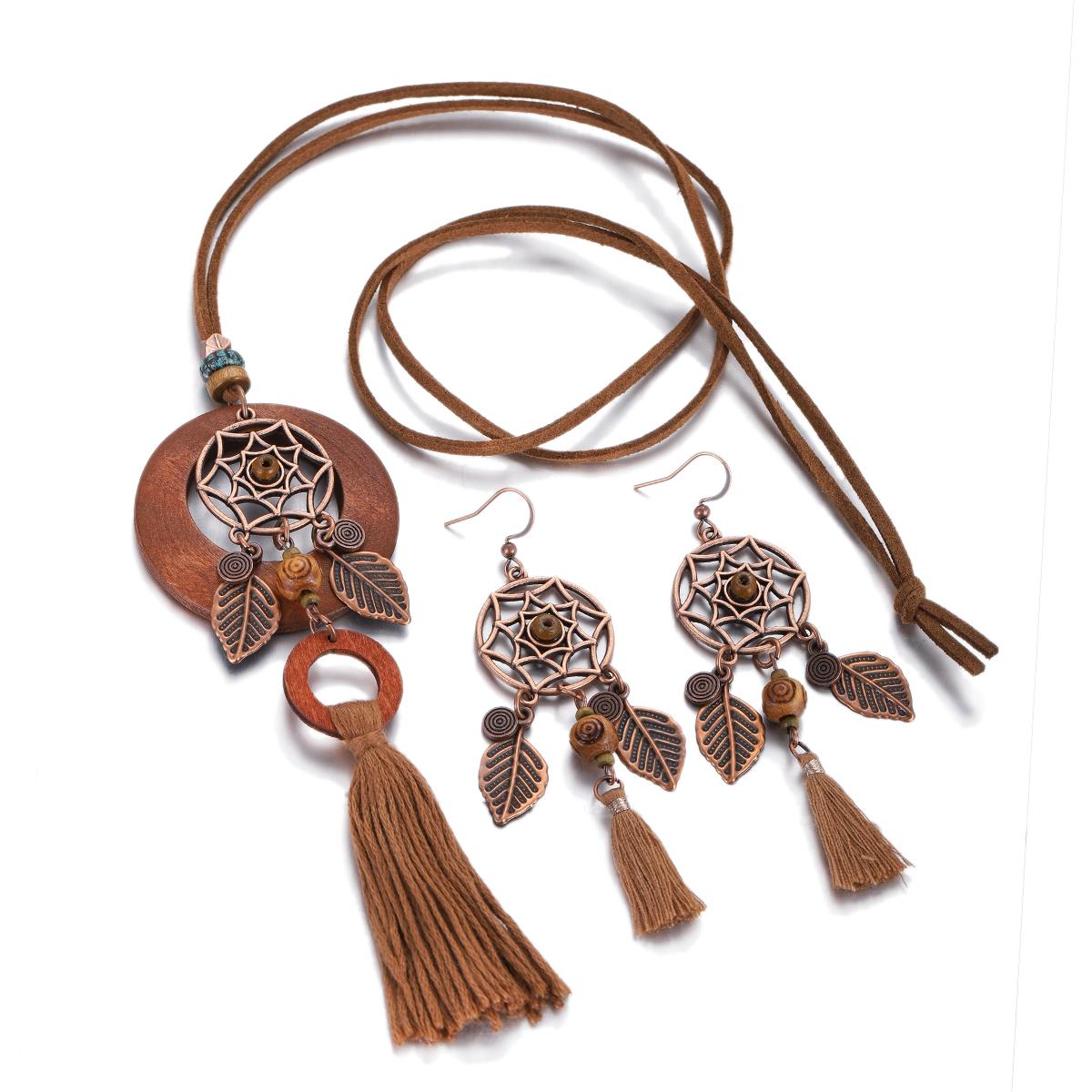 

Antique Gold Dream Catcher Feather Earring Set for Women Boho Leaves Pendant Long Chain Tassel Wooden Necklaces Fashion Jewelry