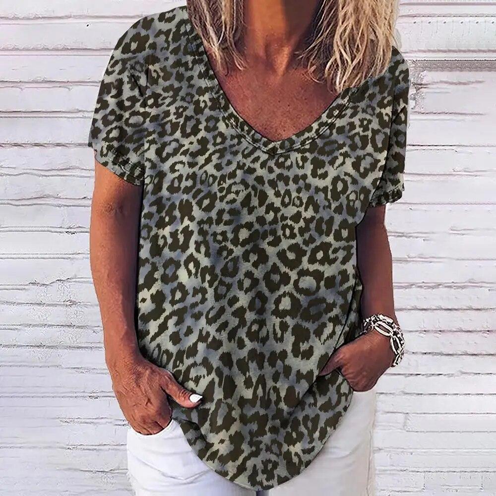 Dámske vintage tričko s leopardím vzorom Sexy dámske oblečenie V-výstrih Oversized krátky rukáv Letná voľná blúzka Bežné Streetwear