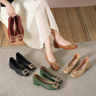 Square Head Low Heel Shallow Mouth Single Shoes Women's Genuine Leather Mother Shoes 2025 Spring and Autumn Models Flat Bottom Work Shoes Black