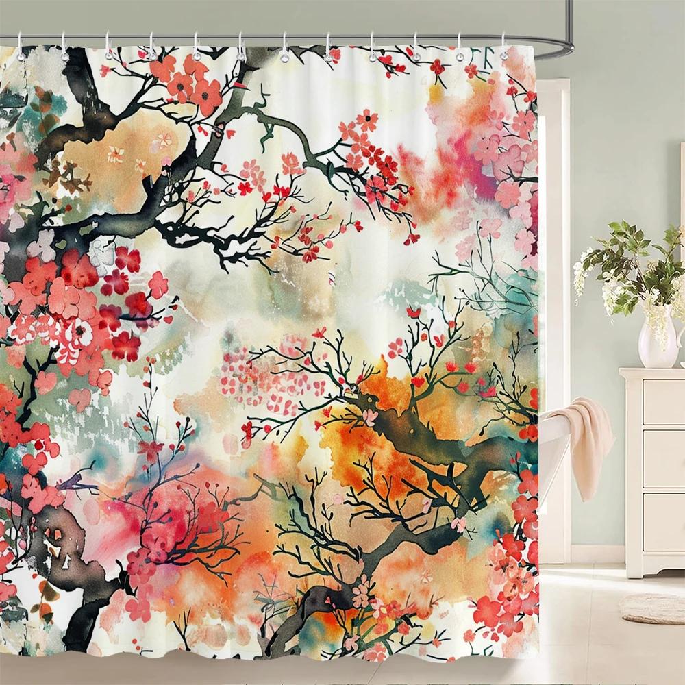Japanischer Stil Blumen Vogel Duschvorhang Abstrakt Berg Rot Floral Pflanze Tuschekunst Landschaft Stoff Dekor Badezimmervorhänge