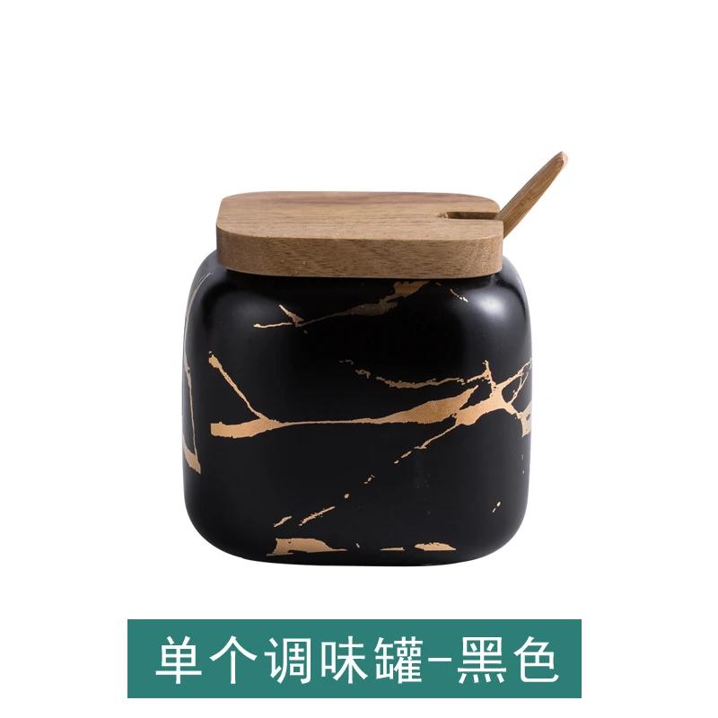 Marbled Ceramic Seasoning Jar Spice Container Condiment Box Seasoning Bottle Spice Jar Wood Cover Storage Tank Storage Organizer чёрный
