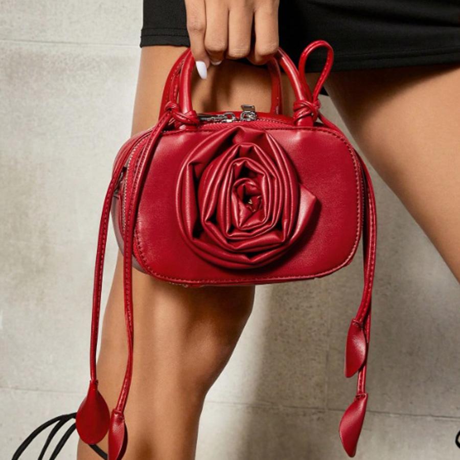 Fashion Three-dimensional rose handbag versatile pu leather single-shoulder crossbody small square bag red/black totes clutch