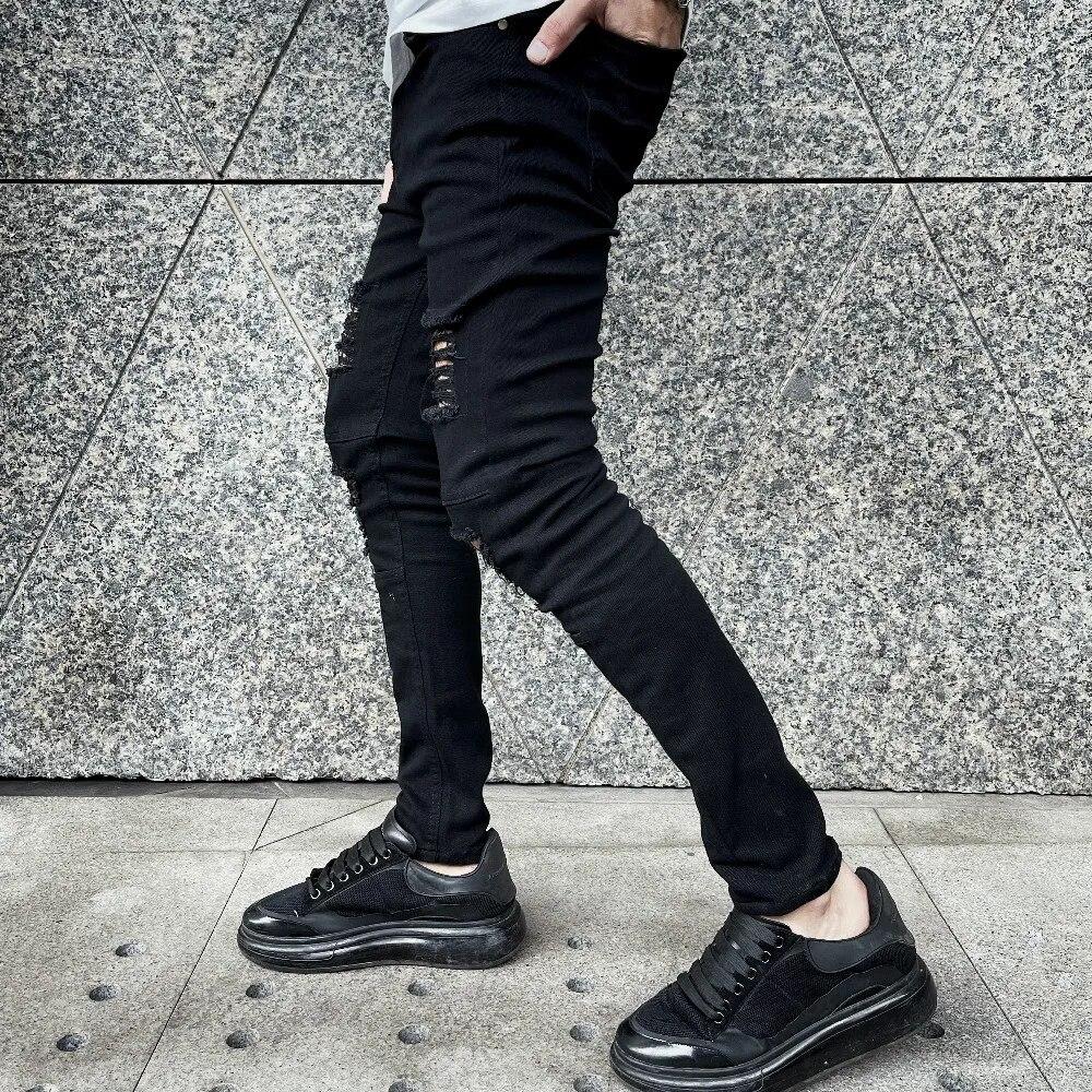 Men High street Hip hop Style Ripped Skinny Pencil Jeans Men Stylish Slim Holes Casual Denim Pants