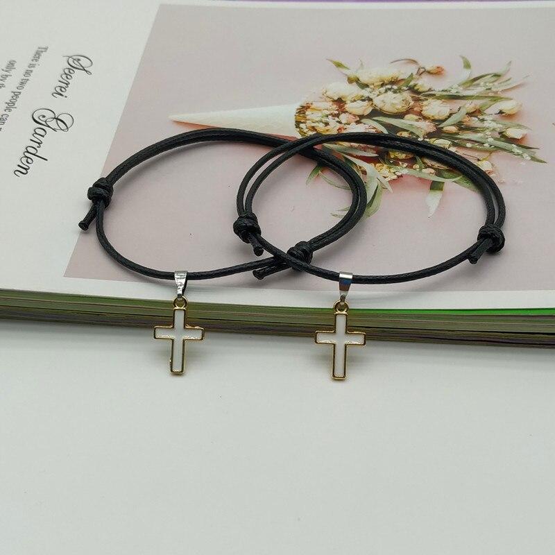 2 Pcs /Lot Cross Couple Wrist Bracelet New Arrival Stylish Fashionable White Black Color Charm Bracelets Present Gift Idea Friend Lover Handmade
