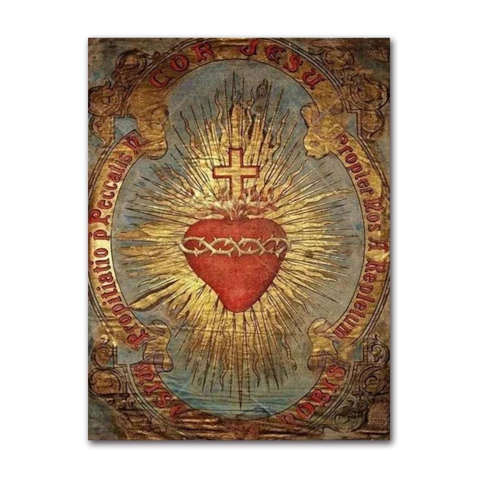Art Print Mary Religious Canvas Painting Abstract Christian Wall Decor for Home Vintage Sacred Heart of Jesus