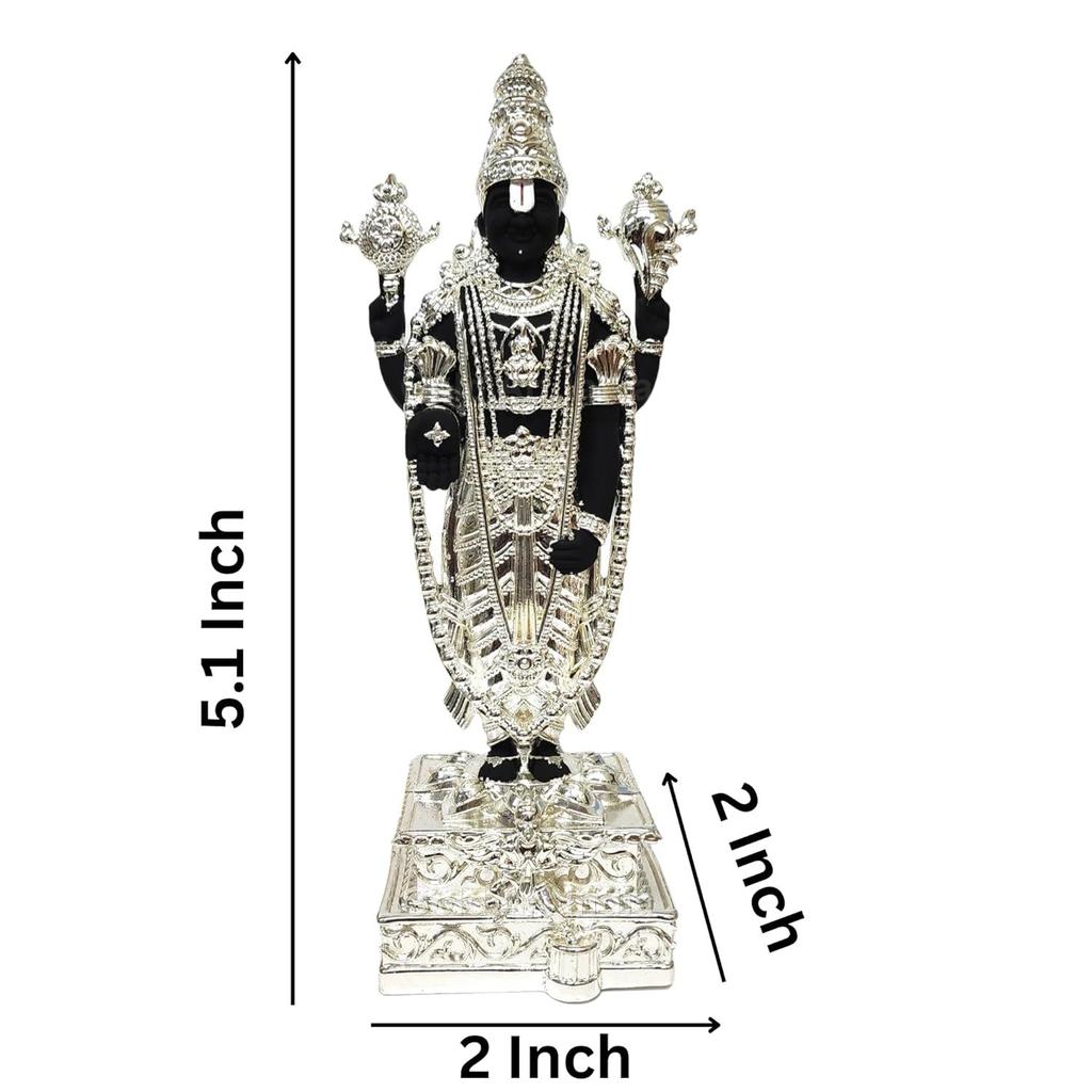Lord Tirupati Balaji Silver Plated Black Terracotta Idol for Car Dashboard | Vishnu Ji Idol for Office Desk |