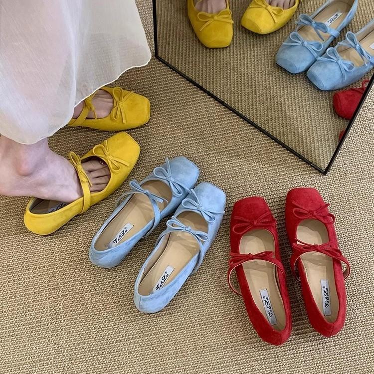 

Inner heightening bow yellow Mary Jane single shoes women s shoes 2025 spring and summer with skirt retro ballet shoes 35 синій