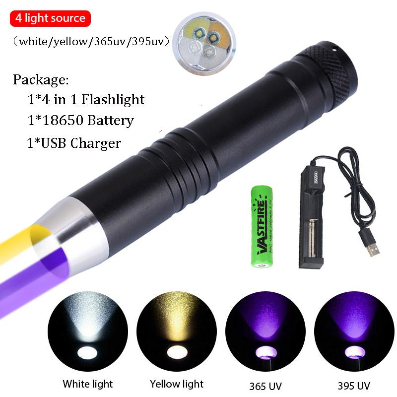 UV Led Flashlight Ultraviolet 365nm/395nm UV White Yellow 3 LEDs Lanterna Jade Jewelry Money Identification Pet Stains Marker