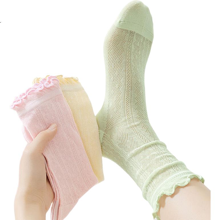MiiOW Women's Socks, Summer Thin Style, Slouchy Socks with Ruffled Edges, Mesh Mid-Calf Socks, Breathable Cotton Socks to Match Leather Shoes