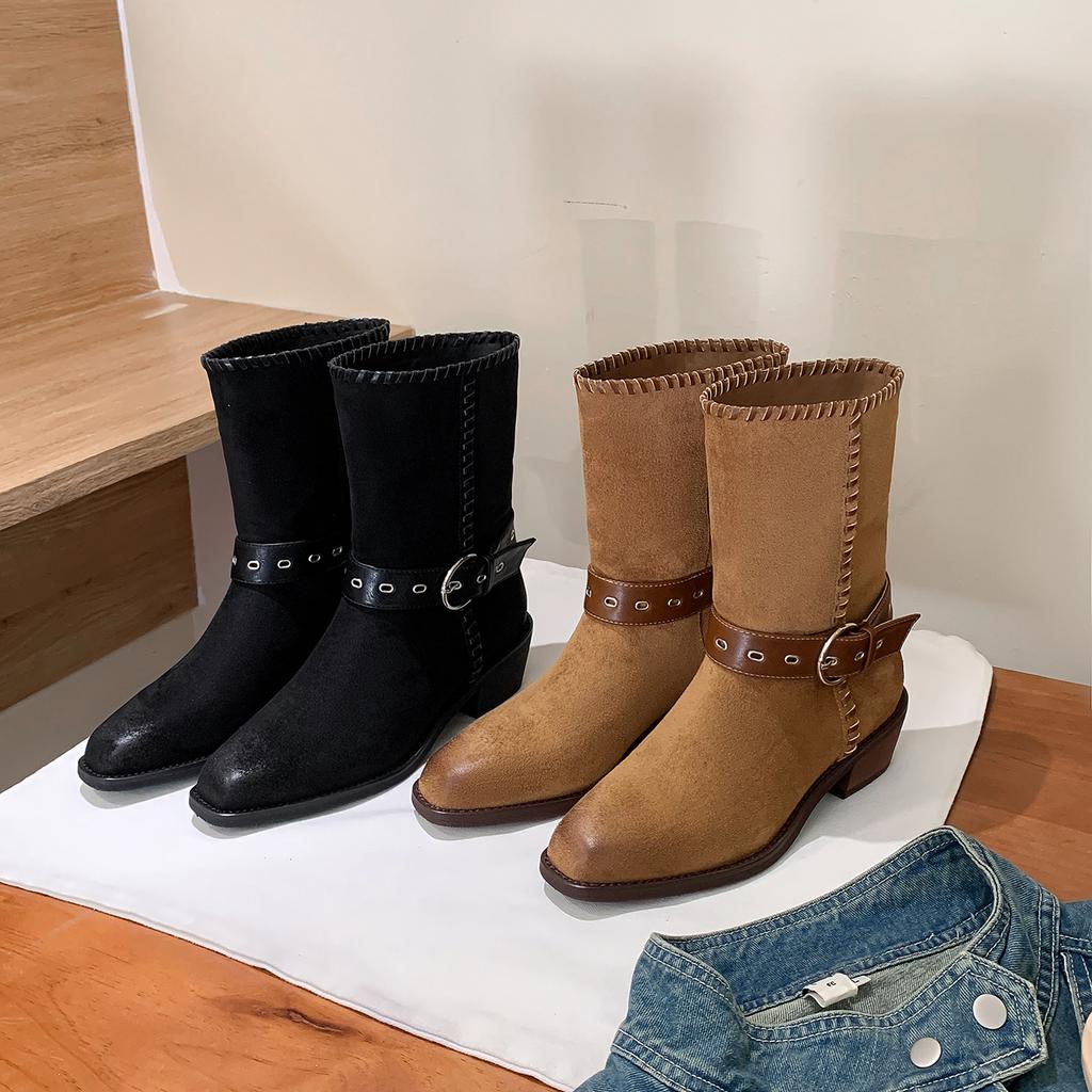 Cowhide~ Two Wear Western Boots New Pointed Belt Buckle Thick Heel Sleeve Short Boots Medium Boots European and American Women's Boots