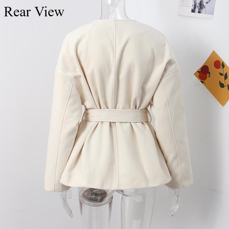Fashion Solid Lace Up Fleece Coat Belt For Women Elegant V-neck Long Sleeve Jacket Autumn Winter Lady Street Outwear