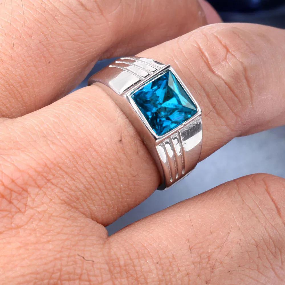 Fashion Men's Blue Crystal CZ Stone Ring Luxury Copper Color Engagement Ring Classic Wedding Party Jewelry Valentine's Day Gift