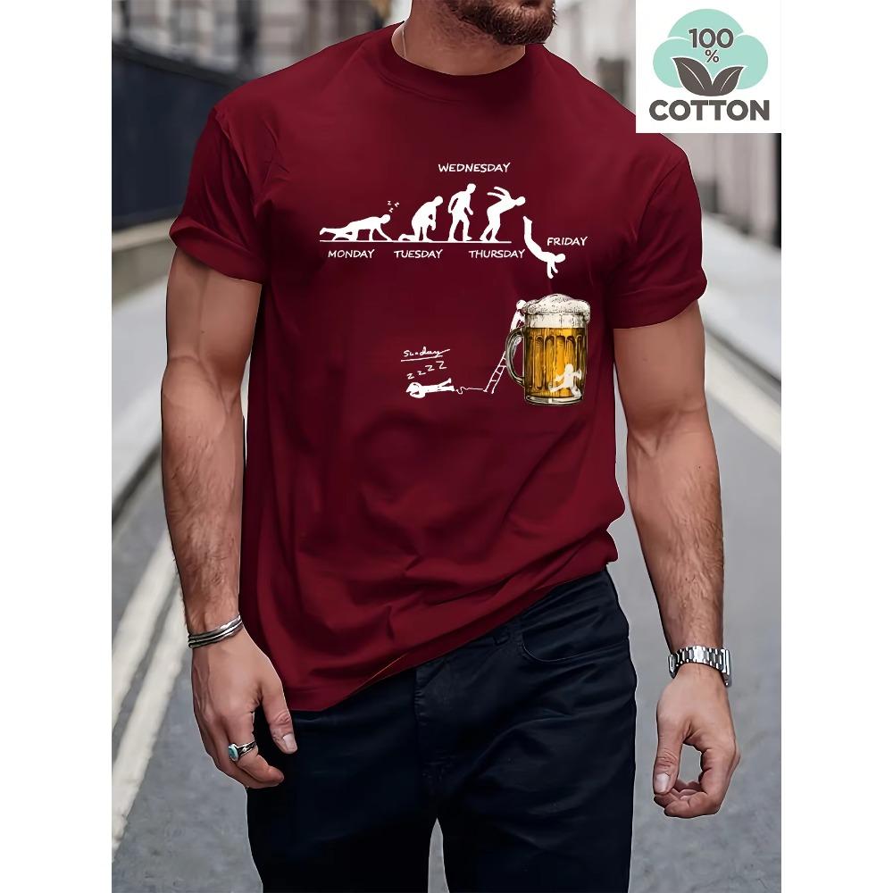 Men's Summer 100 Cotton Fashionable Casual Loose Large Fun Beer Pattern Printed Sports Round Neck Short Sleeve T-shirt Top