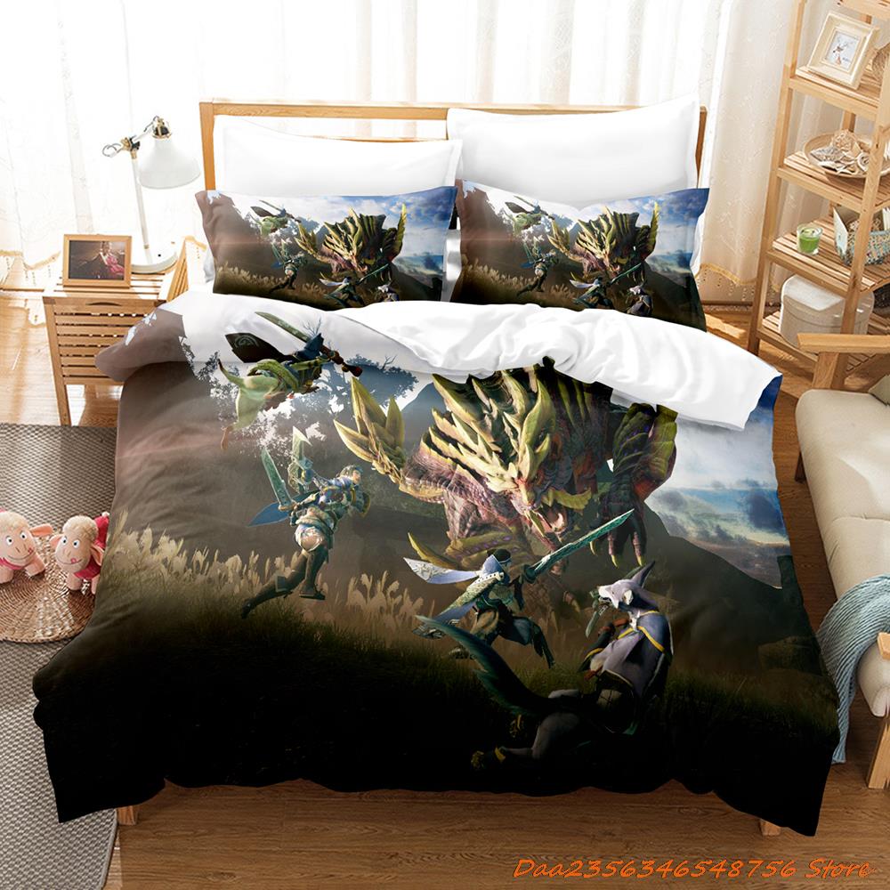 Personelity Monster Hunter Rise Bedding Set Cartoon Anime Three-Piece Set Adult Kid Bedroom Three-Piece Suits 3D Game Monst EU Single(135*200cm)3pcs