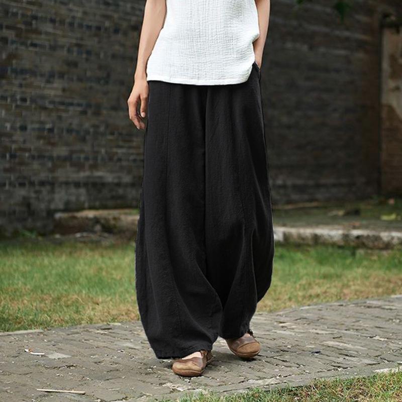 Summer Women Cotton Casual Pants Elastic High Waist Loose Wide Leg Trousers With Pockets