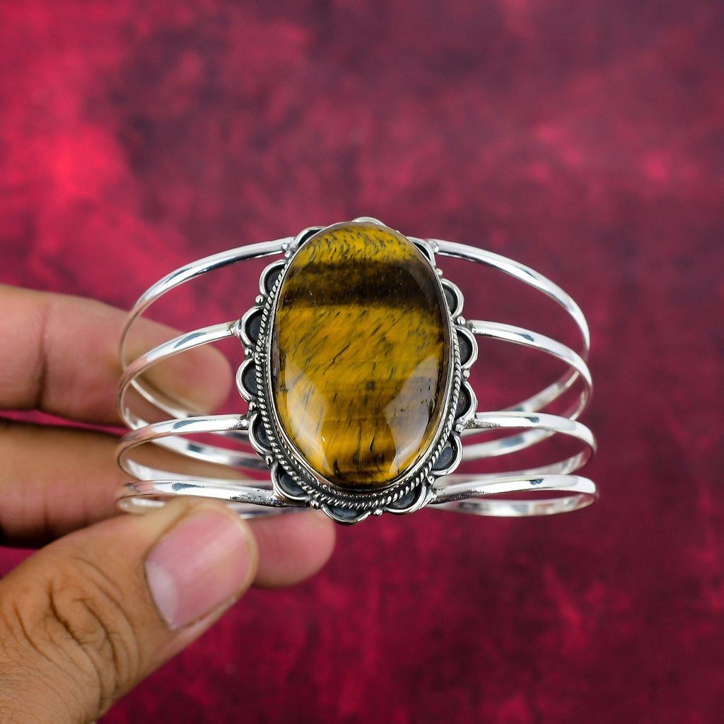 Tiger's Eye 925 Solid Sterling Silver Bangle, Handmade Gemstone Bangle, Gift For Mom Antique Jewelry