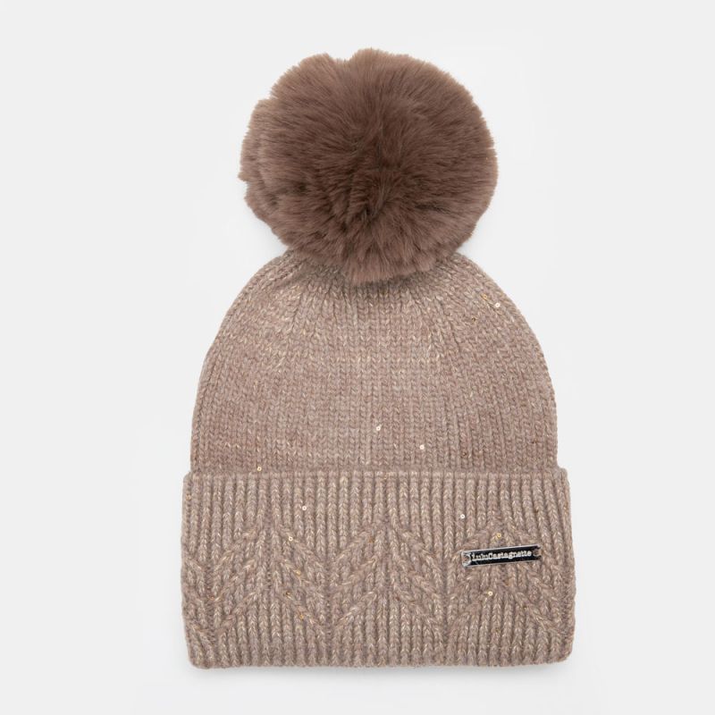 Bonnet maille effet tricoté angora avec pompon fausse fourrure Femme LULU CASTAGNETTE