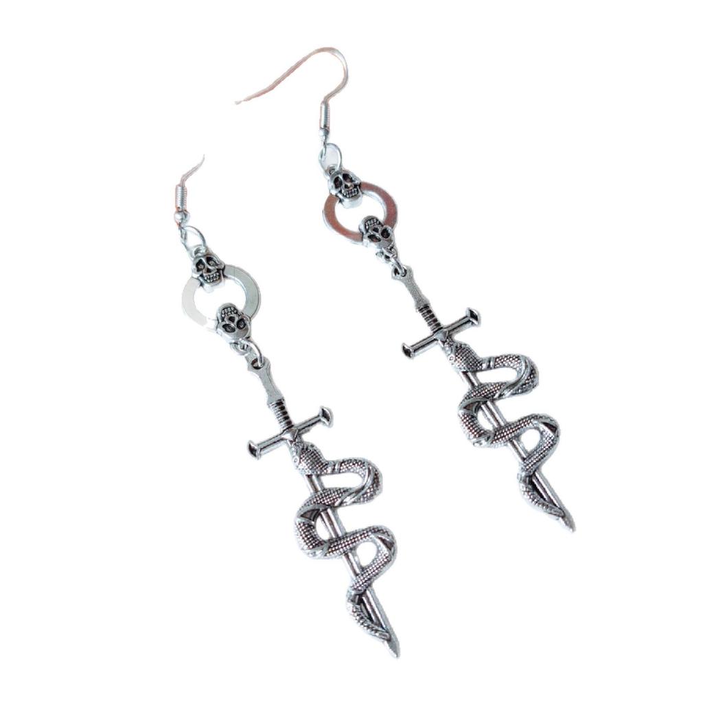 European & American Gothic Skull Snake Sword Long Earrings - Retro Punk Style