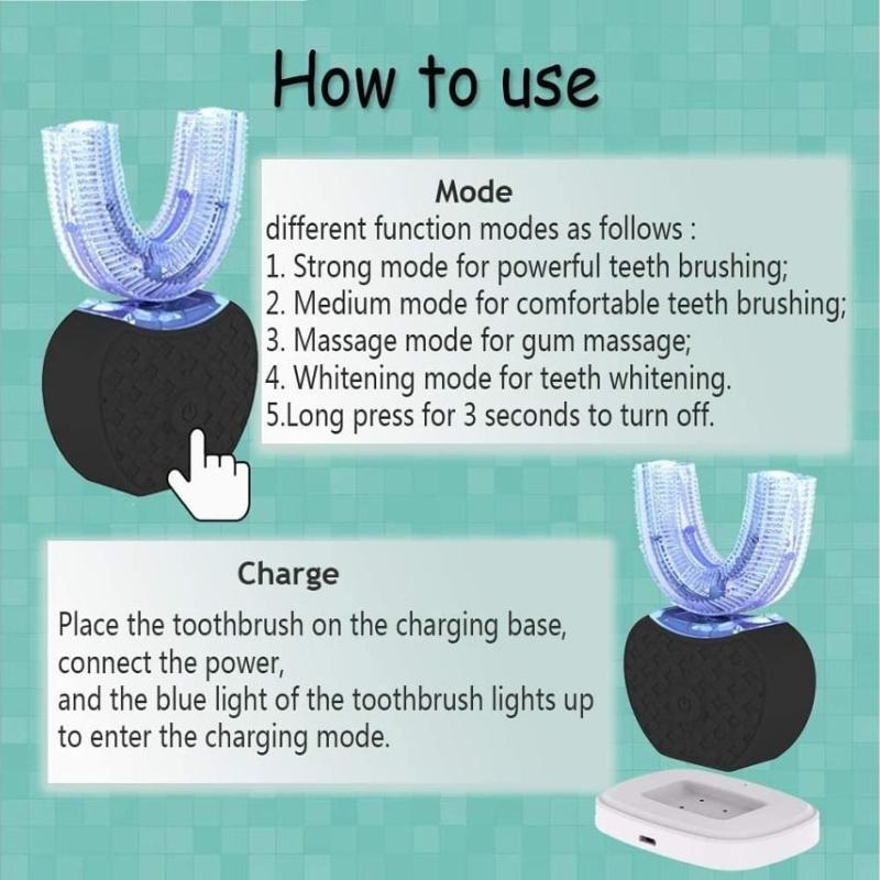 Adult U-Shaped Ultrasonic Electric Toothbrush, 360° Cleans, Whitens Teeth, Protects Gum, Black