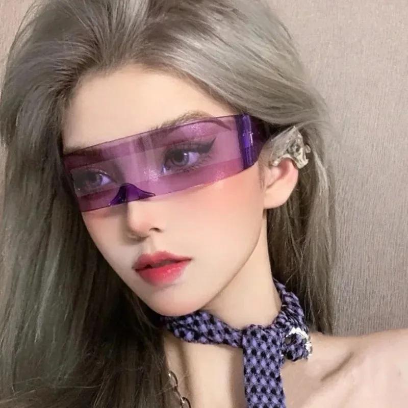 Y2K Rimless Sunglasses One Piece Lens Wrap Around Cyber Punk Futuristic Men Women Hip Hop Party Sun Glasses  lentes