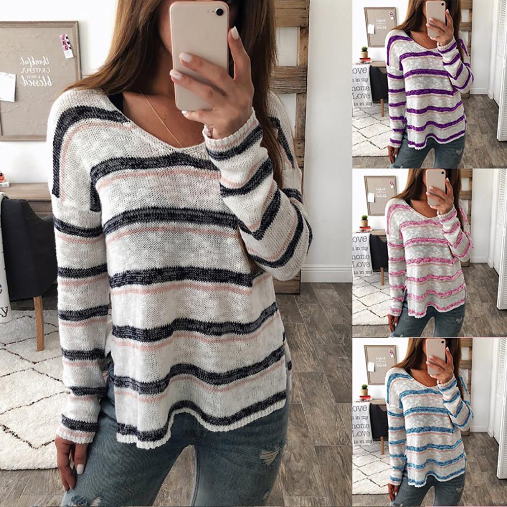 Devine Striped V-Neck Long Sleeve Knit Top