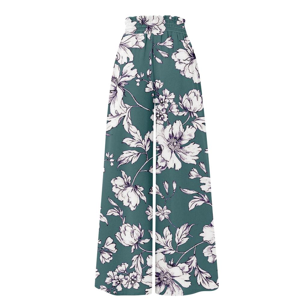 Women's High Waisted Wide Leg Pants Summer Casual Flowing Pocket Wide Leg Pants Floral Print Beach Pants