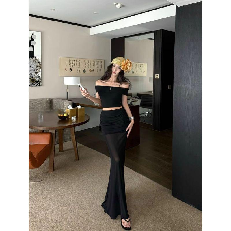 Kumikumi Retro Set Sexy Word Collar Short sleeve T-shirt Women Summer Mesh Patchwork Skirt Two-piece Set