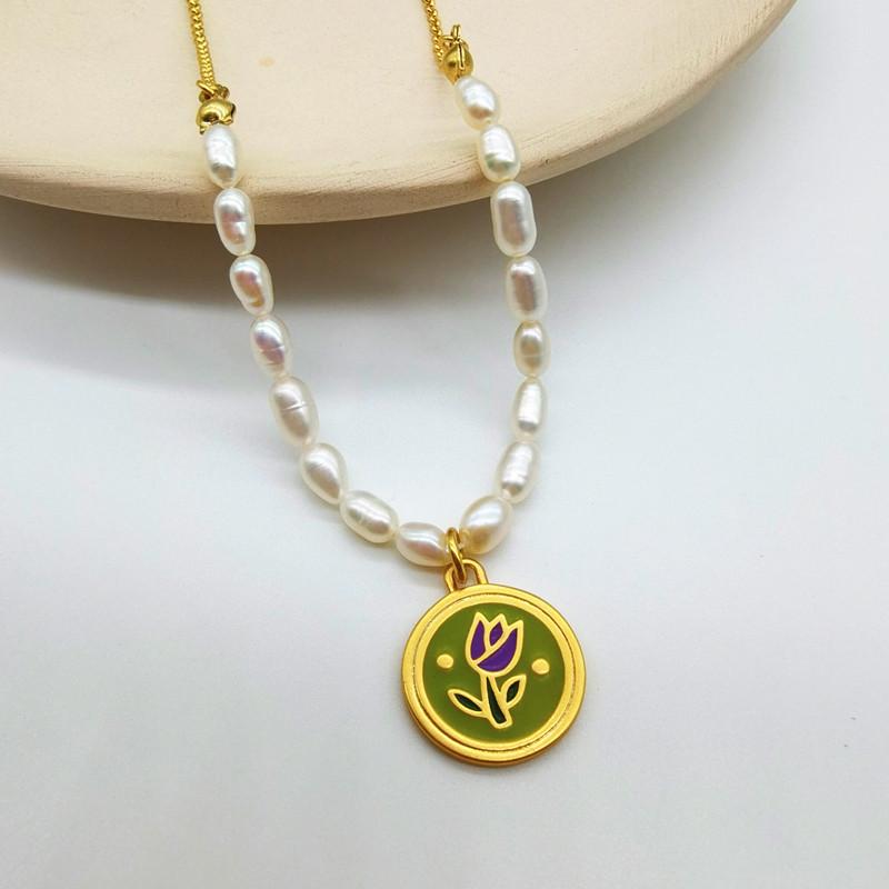 

Meier Bone chain freshwater pearl pendant casualins necklace retro enamel bamboo necklace