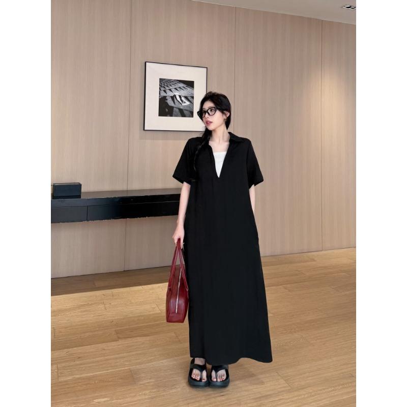 DIMANAF 2026 Plus Size New Black Dress Summer Women Shirt Dress Loose Beach Casual Long Dresses V-Neck Elegant