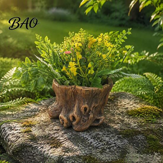 Small Succulent Planters Resin Tree Stump Flowerpot for Succulents Plants, Imitation Wood Grain Planter Decorative Plant Containers Indoor Home Office