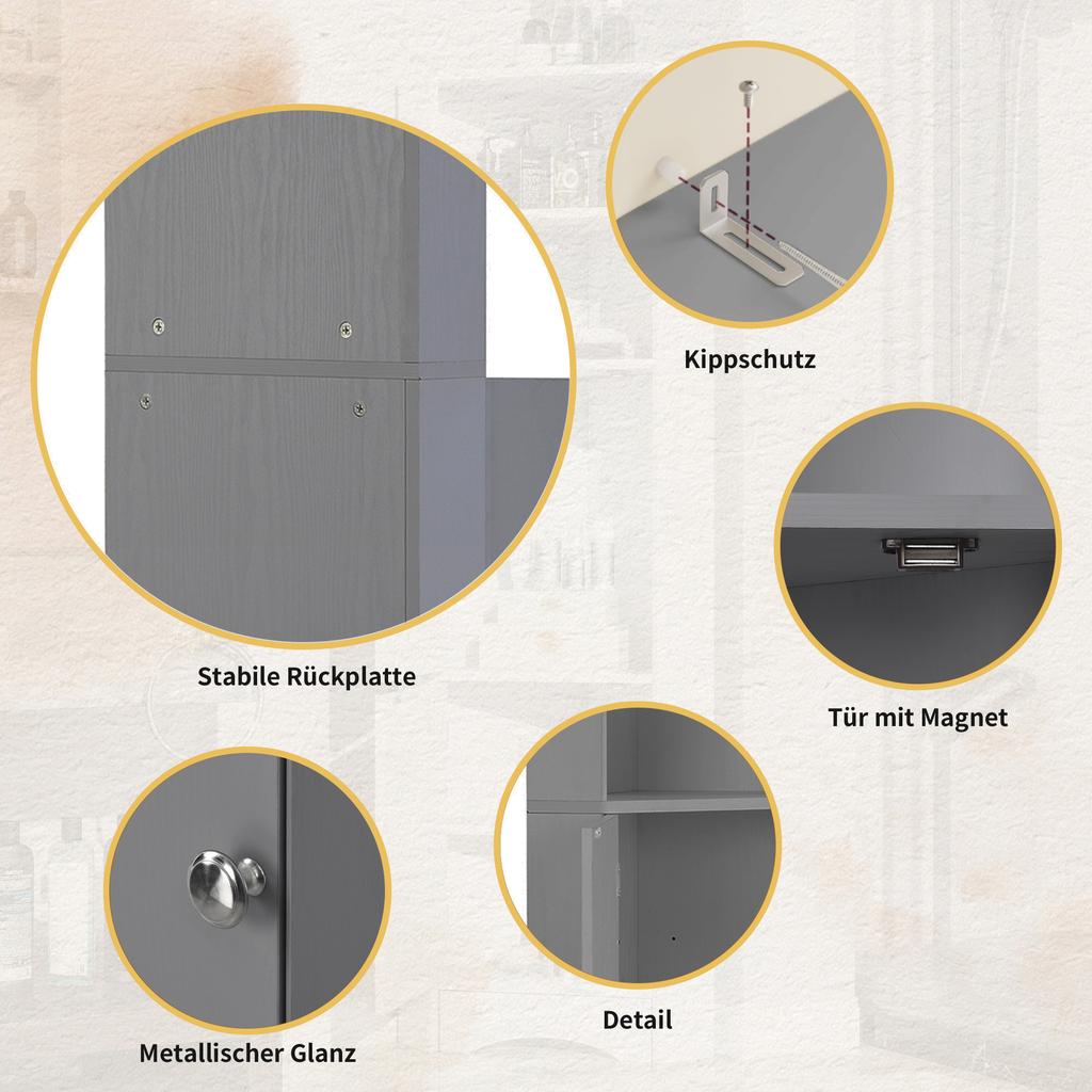 Badezimmerschrank, Eckschrank mit zwei Staufächern, Offenes Fach mit verstellbarem Einlegeboden, 36,5 x 36,5 x 155 cm, Hellgrau