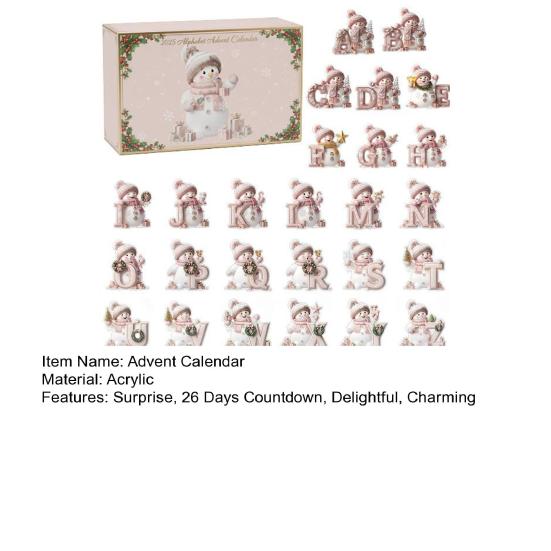 2025 Alphabet Snowman Advent Calendar 26 Days Christmas Countdown Calendar with A To Z Letters 2D Acrylic Pink Pendants Set for Winter Tree Decor