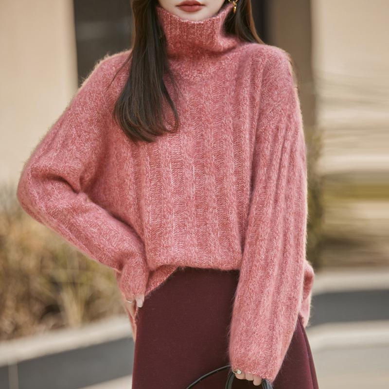 Women's 95% Wool Cashmere High-Neck Oversized Sweater - Brushed Yarn Knit Base Layer for Autumn/Winter