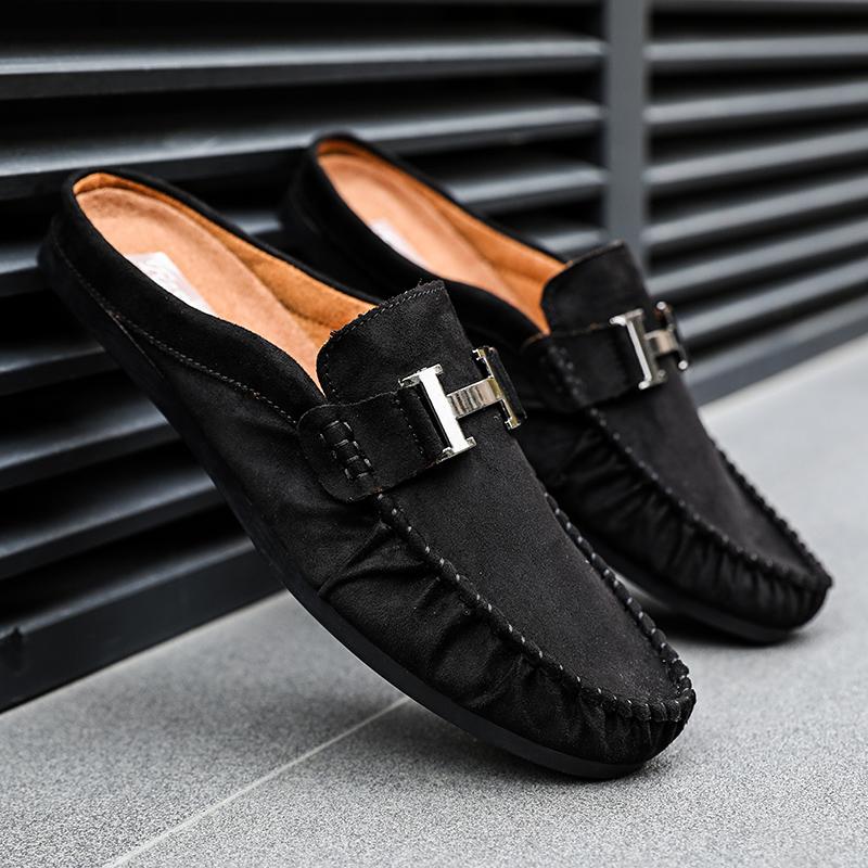 2025 New Men's Slippers Leather Summer Flat Bottom Outdoor Non Slip Comfortable Luxury Trendy Set Wearing Half Slippers 39-44