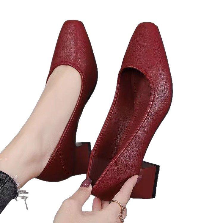 Coarse heel medium heel small leather shoes women's 2025 spring new versatile square head single shoes women's soft leather soft sole square heel wor