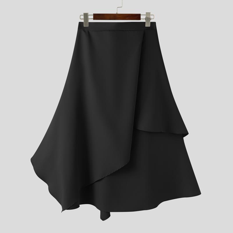 INCERUN Men Elastic Waist Irregular Pleated Gothic Skirt  Culottes S чёрный