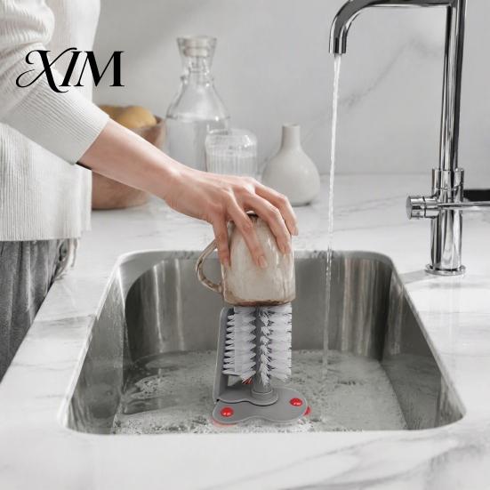 Hand Free Cleaner Suction Cup Bottle Brush, Wall Mounted Rotating Cleaning Scrubber, Plastic Home Kitchen Gadget Thick Bristles Sink Accessory