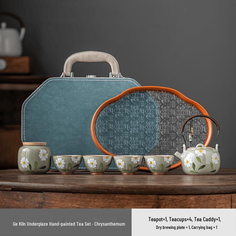 Hand-Painted Underglaze Ceramic Travel Tea Set