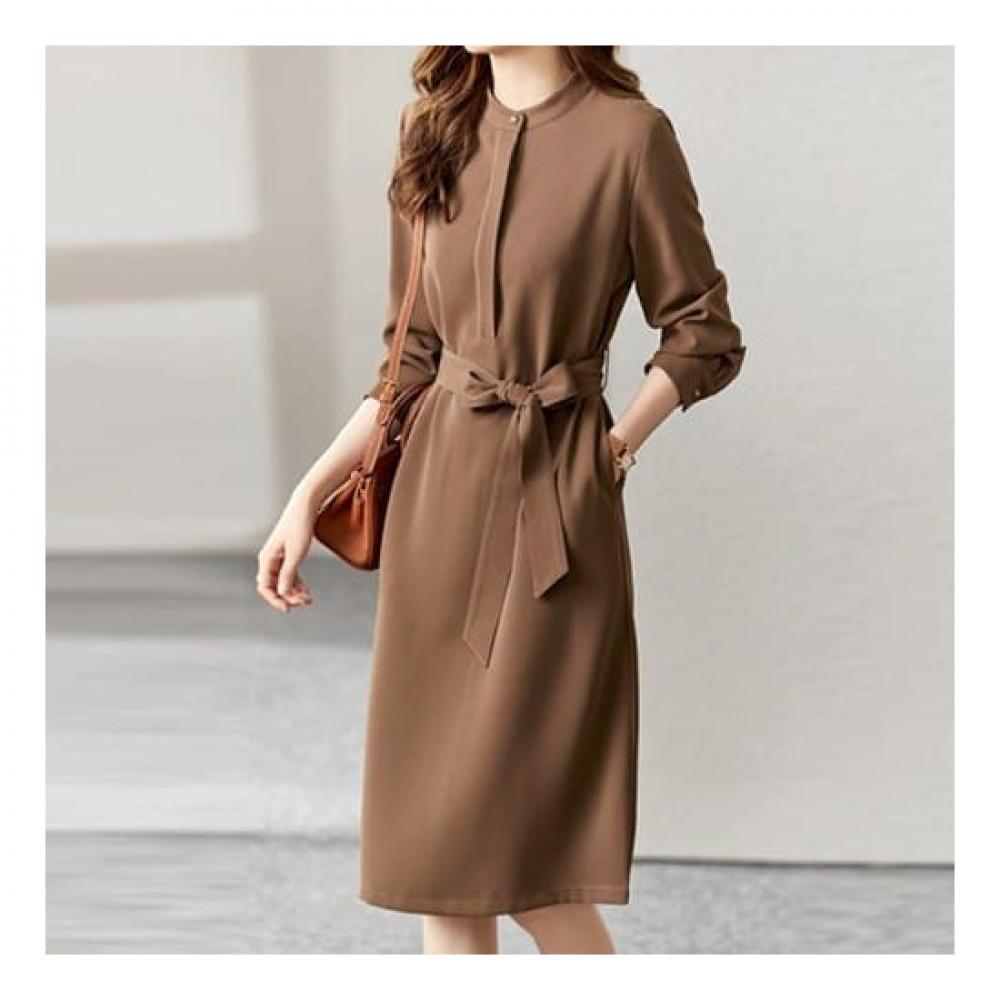 Navava Long Sleeve Dress With Vintage Waist Belt Round Neck No693