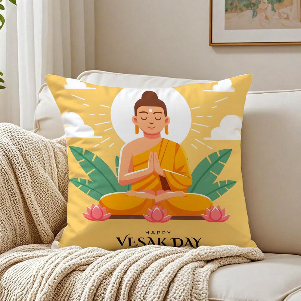 Daily Life V-Vesak Buddha'S Birthdays Cushion Cover Linen Pillowcase Soft For Sofa Bed Home Room Decor