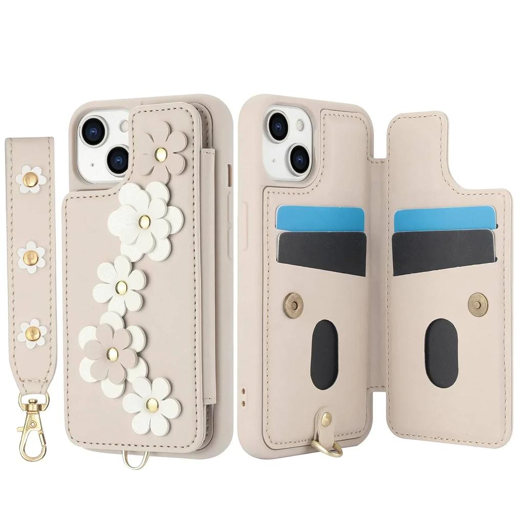 For iPhone 13 12 11 Pro Max SE 2026 7 8 Plus X XS XR XS Max Case, Wallet with Card Holder, Cute Flower Design Crossbody Purse