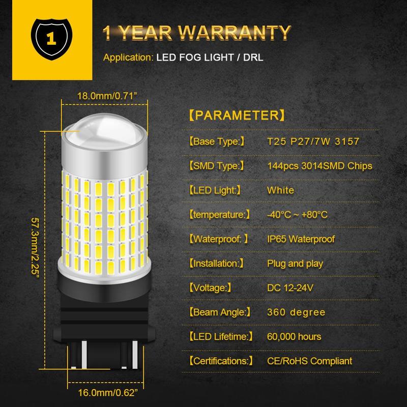 2pcs 1500 Lumens Xenon White 144-SMD 3157 3357 3457 4114 3156 T25 LED Bulbs For 2011-up Jeep Compass DRL Daytime Running Lights