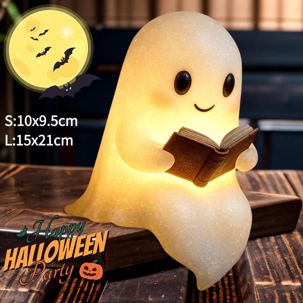 Halloween Cute Ghost Reading Lamp Resin LED Night Light Spooky Desk Light Ornaments For Bedroom Decor Halloween Party Gifts