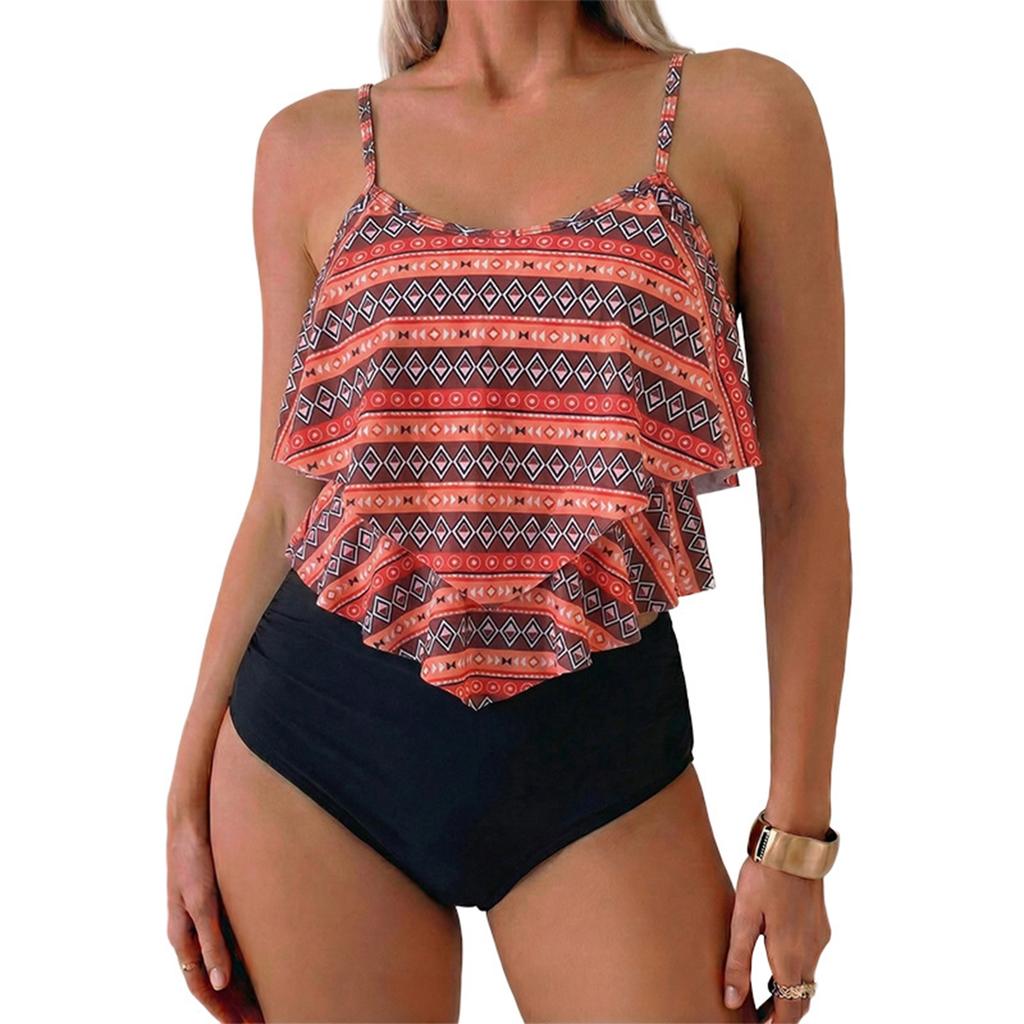 Women’s Two Piece Swimsuit Ruffle Tankini Top with Adjustable Straps and High Waist Floral Printed Bottoms