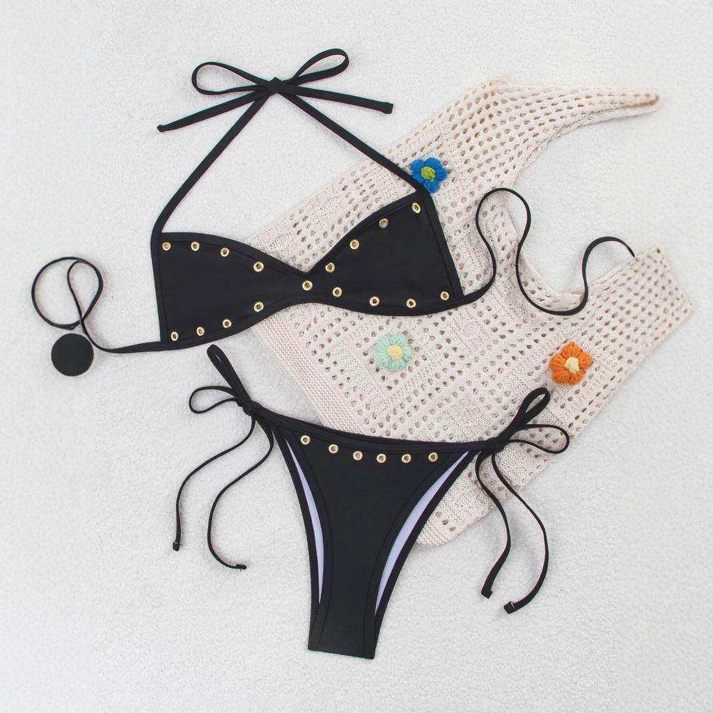New European And American Style Black Lace-Up Bikini Split Swimsuit Female Slim Triangle Swimsuit