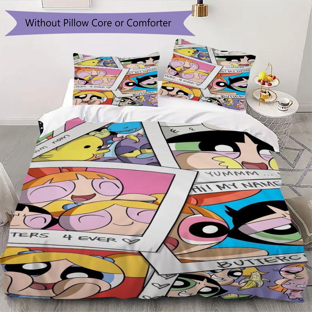 Cartoon Powerpuff Girls print children's duvet cover set, soft and skin-friendly, available in multiple sizes, bedroom bedding.