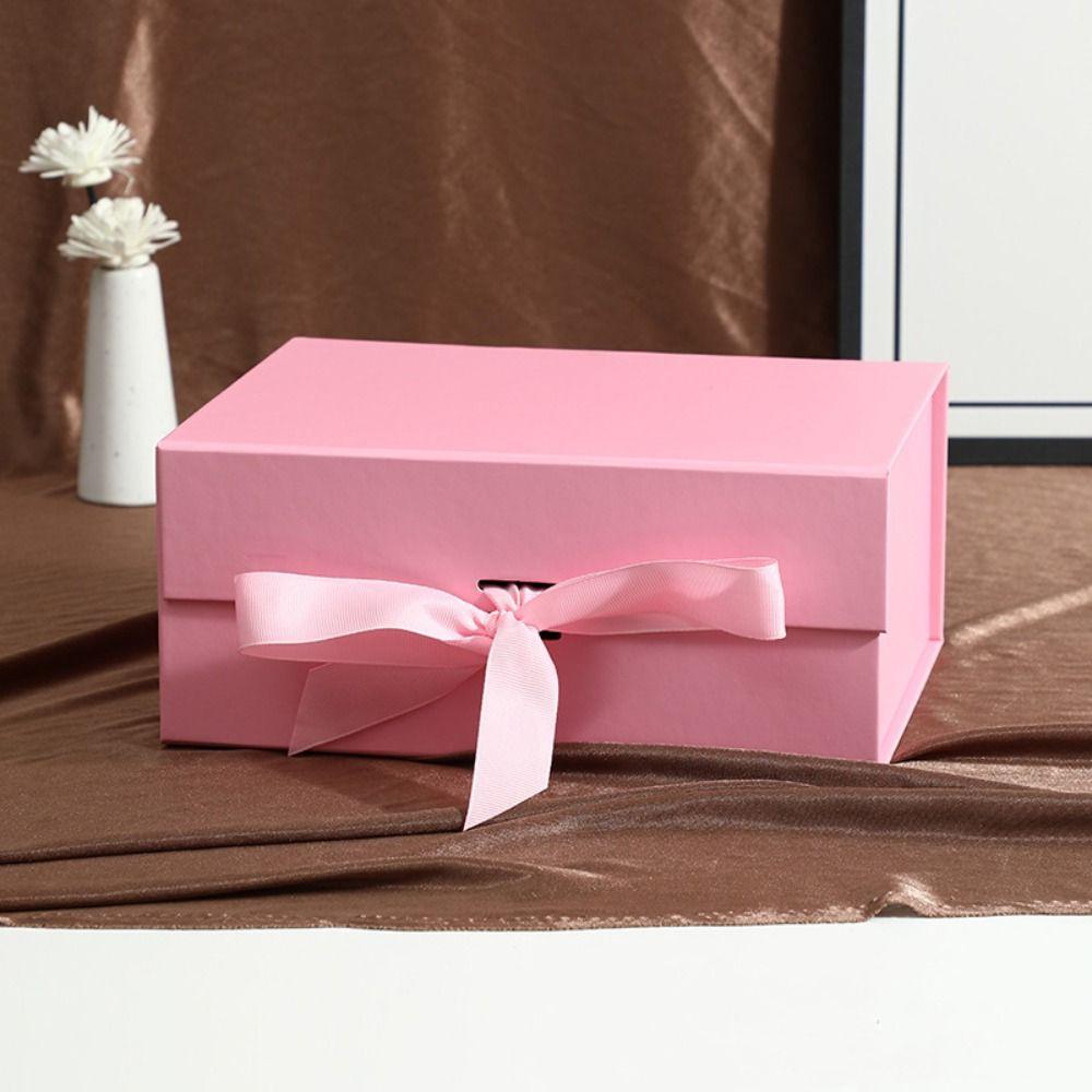 Pure Color Gift Box Flip Cover Ribbon Decoration Cardboard Folding Box One-Piece Design Foldable Wrapping Box Holiday Party