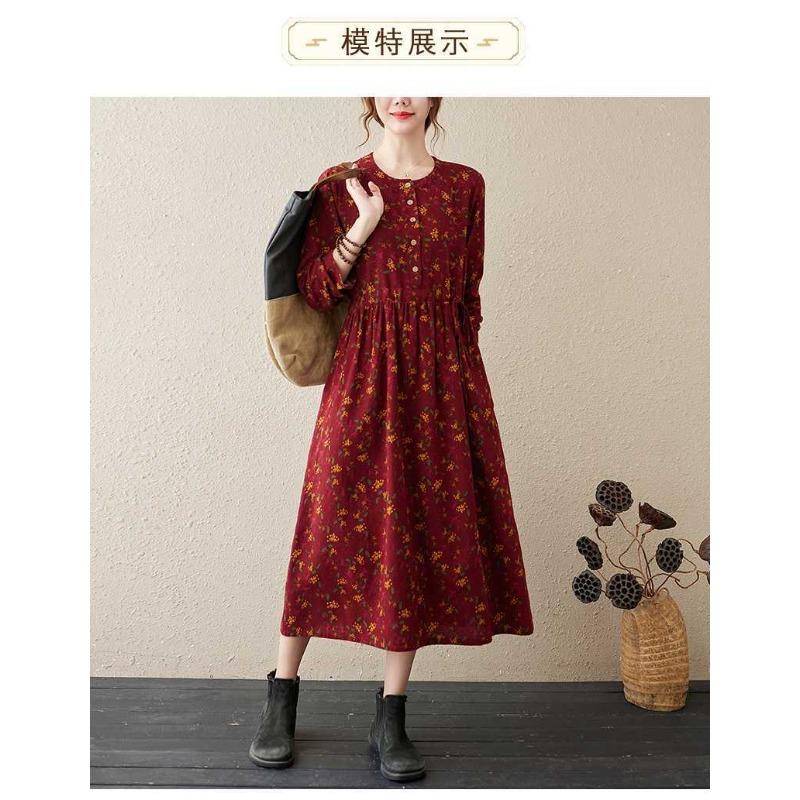 Neues bedrucktes Kleid im Ethno-Stil mit Rundhalsausschnitt und langen Ärmeln, locker