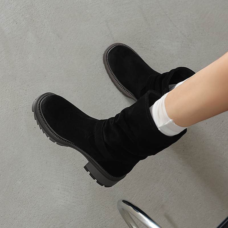 Krazing Pot Cow Suede Nubuck Winter Round Toe Western Boots Med Heels Slip On Metal Buckles Women Mid-calf Boots
